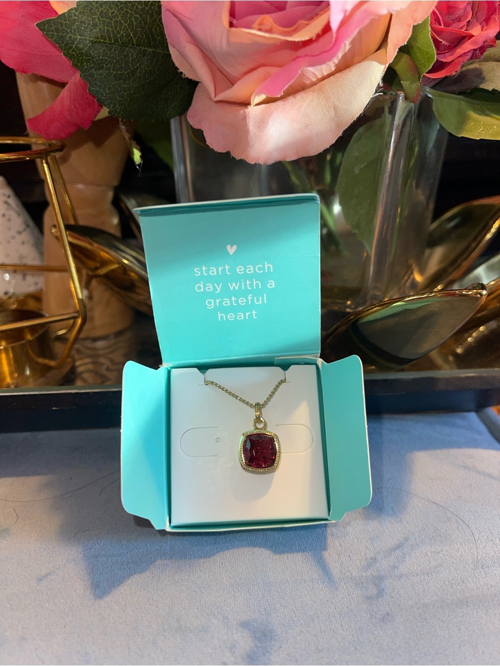 Origami Owl Gold Necklace with Deep Ruby Red Pendant